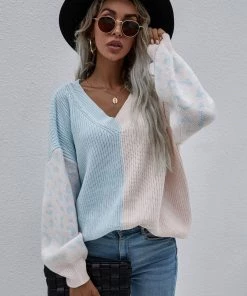 MY New In Clothing Smaibulun | Color-Block Lantern Sleeve Sweater - Blue & Beige Leopard