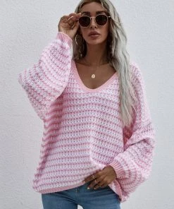 MY Clothing Smaibulun | Puff Sleeve V-Neck Sweater - Pink