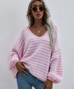 MY Clothing Smaibulun | Puff Sleeve V-Neck Sweater - Pink
