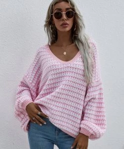 MY Smaibulun Doll | Puff Sleeve V-Neck Pink Sweater