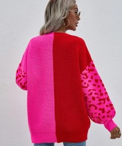 MY Smaibulun | Color-Block Lantern Sleeve Sweater - Fuchisa Leopard