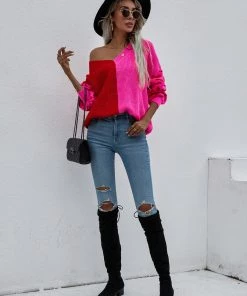 MY Smaibulun | Color-Block Lantern Sleeve Sweater - Fuchisa Leopard