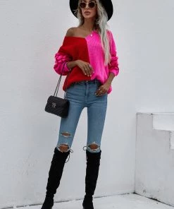 MY Smaibulun | Color-Block Lantern Sleeve Sweater - Fuchisa Leopard