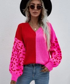 MY Smaibulun | Color-Block Lantern Sleeve Sweater - Fuchisa Leopard