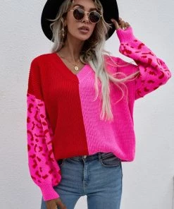 MY Smaibulun | Color-Block Lantern Sleeve Sweater - Fuchisa Leopard