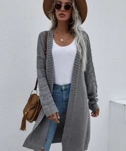 MY New In Clothing Smaibulun | Braid Open Knit Long Cardigan - Grey