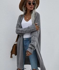 MY New In Clothing Smaibulun | Braid Open Knit Long Cardigan - Grey