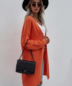 MY New In Clothing Smaibulun | Braid Open Knit Long Cardigan - Orange