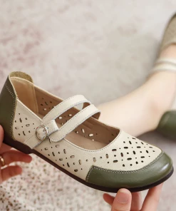 XR New In Shoes Rumour Has It | Perforated Double Cross Strap Leather Mary Jane Flat Shoes- Juniper