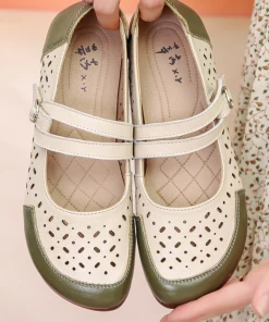 XR New In Shoes Rumour Has It | Perforated Double Cross Strap Leather Mary Jane Flat Shoes- Juniper