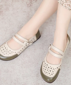 XR New In Shoes Rumour Has It | Perforated Double Cross Strap Leather Mary Jane Flat Shoes- Juniper