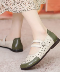 XR New In Shoes Rumour Has It | Perforated Double Cross Strap Leather Mary Jane Flat Shoes- Juniper