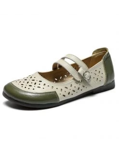 XR New In Shoes Rumour Has It | Perforated Double Cross Strap Leather Mary Jane Flat Shoes- Juniper