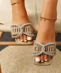 HT NEW ARRIVALS EN BLOOM | TWISTED RHINESTONES SLIDE KHAKI