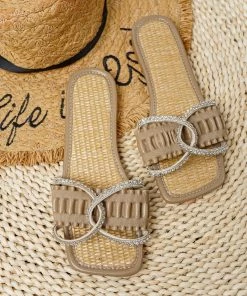 HT NEW ARRIVALS EN BLOOM | TWISTED RHINESTONES SLIDE KHAKI