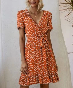 BBYS Abstract Polka Dot Tiered Ruffle Wrap Dress - Orange New In Clothing