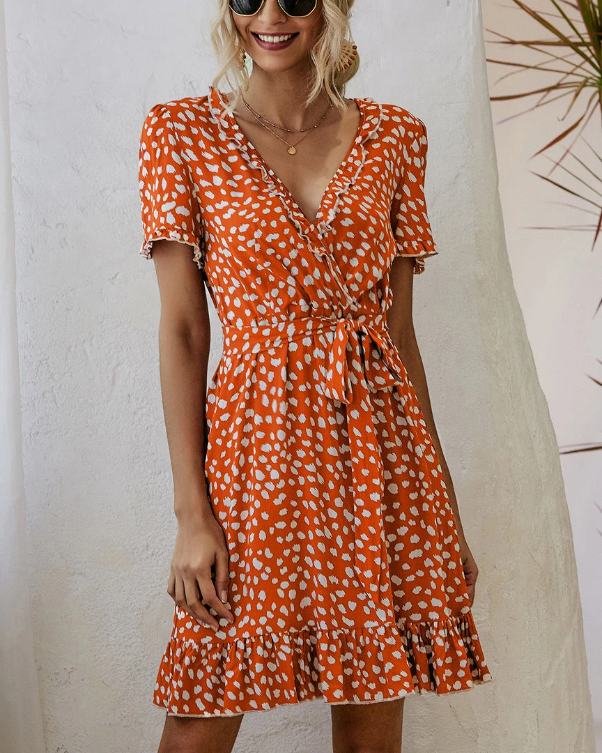 BBYS Abstract Polka Dot Tiered Ruffle Wrap Dress - Orange New In Clothing 2 BBYS Abstract Polka Dot Tiered Ruffle Wrap Dress - Orange New In Clothing