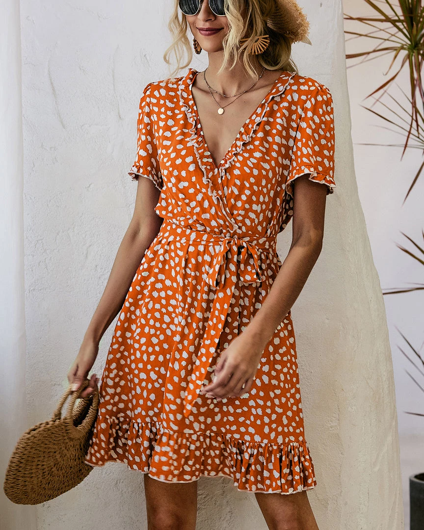 BBYS Abstract Polka Dot Tiered Ruffle Wrap Dress - Orange New In Clothing 3 BBYS Abstract Polka Dot Tiered Ruffle Wrap Dress - Orange New In Clothing