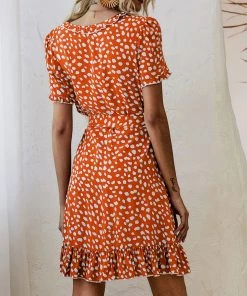 BBYS Abstract Polka Dot Tiered Ruffle Wrap Dress - Orange New In Clothing 9 BBYS Abstract Polka Dot Tiered Ruffle Wrap Dress - Orange New In Clothing