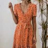 BBYS Abstract Polka Dot Tiered Ruffle Wrap Dress - Orange New In Clothing
