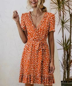 BBYS Abstract Polka Dot Tiered Ruffle Wrap Dress - Orange New In Clothing