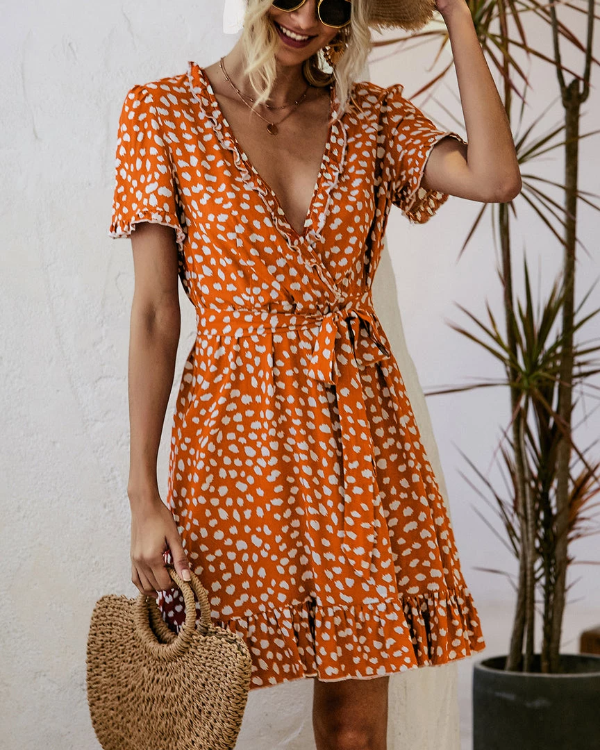 BBYS Abstract Polka Dot Tiered Ruffle Wrap Dress - Orange New In Clothing 4 BBYS Abstract Polka Dot Tiered Ruffle Wrap Dress - Orange New In Clothing