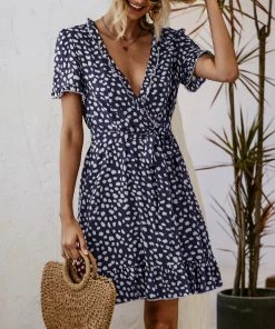 BBYS Abstract Polka Dot Tiered Ruffle Wrap Dress - Navy