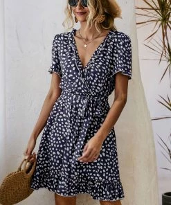 BBYS Abstract Polka Dot Tiered Ruffle Wrap Dress - Navy