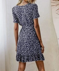 BBYS Abstract Polka Dot Tiered Ruffle Wrap Dress - Navy