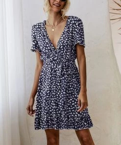 BBYS Abstract Polka Dot Tiered Ruffle Wrap Dress - Navy
