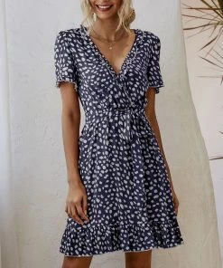 BBYS Abstract Polka Dot Tiered Ruffle Wrap Dress - Navy