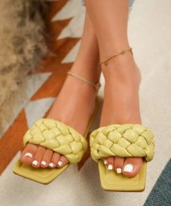 HT En Bloom | Lemon Matte Weave Flat Sole Slides Sandals