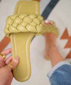 HT En Bloom | Lemon Matte Weave Flat Sole Slides Sandals