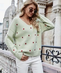 MY Smaibulun | Valentine Hearts Low V Neck Knit Sweater - Mint NEW ARRIVALS