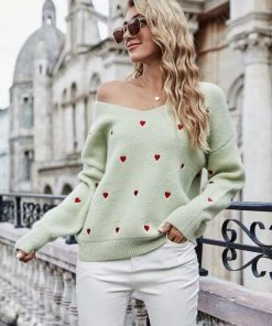 MY Smaibulun | Valentine Hearts Low V Neck Knit Sweater - Mint NEW ARRIVALS