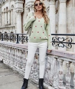 MY Smaibulun | Valentine Hearts Low V Neck Knit Sweater - Mint NEW ARRIVALS