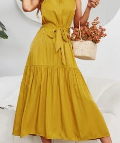 DY CADENCE Plain Midi Dress - Mustard New In Clothing 12 DY CADENCE Plain Midi Dress - Mustard New In Clothing
