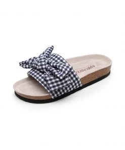 GLF NEW ARRIVALS Maibulun | Navy Gingham Bow Sandals Slides