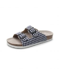 GLF Maibulun | Navy Tartan Gingham Double-Buckle Sandals Slides