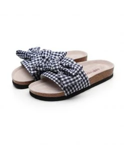 GLF NEW ARRIVALS Maibulun | Navy Gingham Bow Sandals Slides