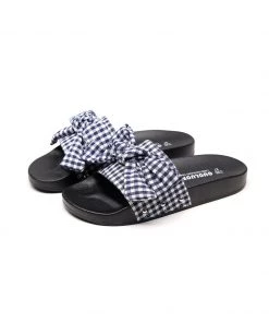 GLF Maibulun | Navy Gingham Bow-Detail Slides Sandals