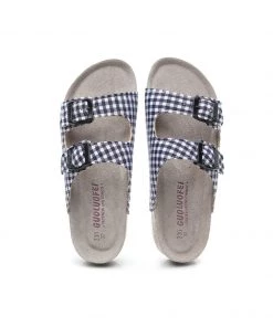 GLF Maibulun | Navy Tartan Gingham Double-Buckle Sandals Slides