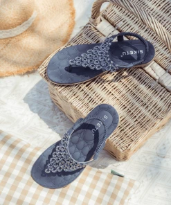 SIKETU | Navy Crystal V-Strap Sandals NEW ARRIVALS