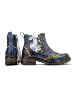 SOFFIA | Genuine Leather Blue Chrysanthemum Side Floral Embossed Leather Chelsea Ankle Boots