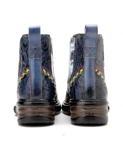 SOFFIA | Genuine Leather Blue Chrysanthemum Side Floral Embossed Leather Chelsea Ankle Boots