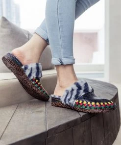 NEW ARRIVALS SOFFIA | Floral Embossed Wool Lined Leather Slipper - Navy Black