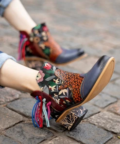 SOFFIA | Genuine Leather Tasselled Back Floral Printed Ankle Booties Mid Heel Boots