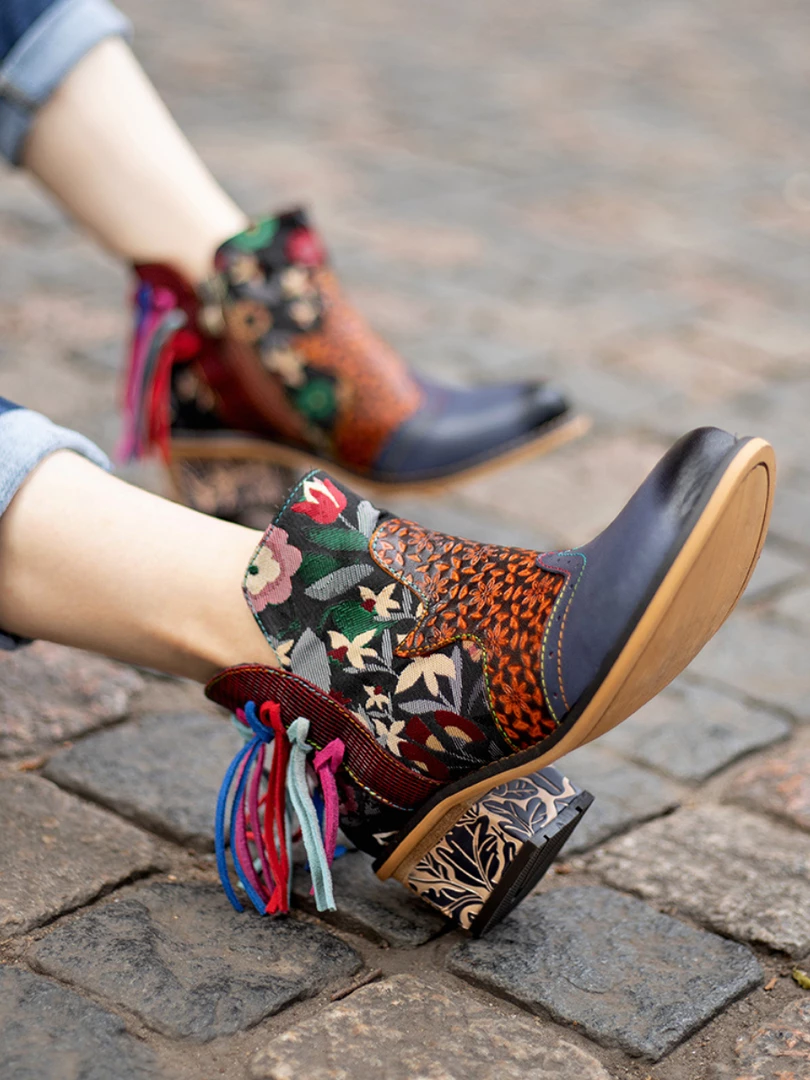 SOFFIA | Genuine Leather Tasselled Back Floral Printed Ankle Booties Mid Heel Boots 1 SOFFIA | Genuine Leather Tasselled Back Floral Printed Ankle Booties Mid Heel Boots