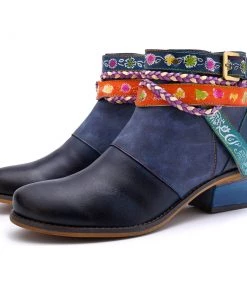 Soffia | Genuine Leather Woven Multi-Strap Flat Ankle Boots Shoes