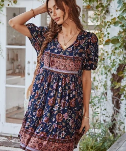 DY NEW ARRIVALS AURINA BOHO DRESS - NAVY PRINT